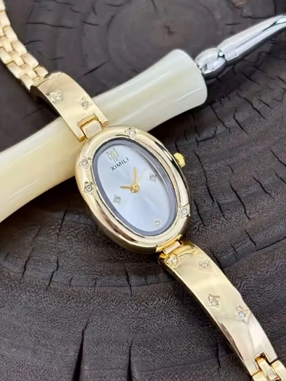 Anthropologie Gold-Tone Oval Bracelet Watch with Crystal Accents
